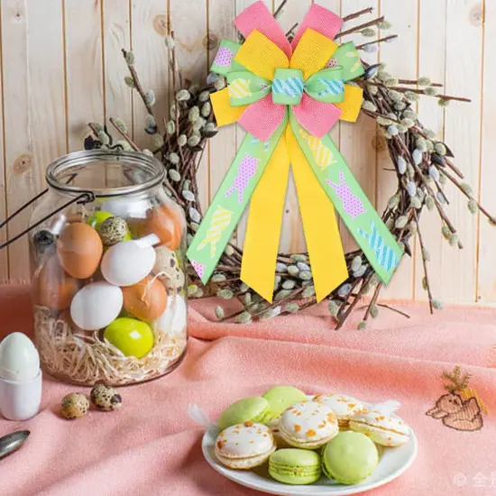 Happy Easter Large Wreath Bows for Front Door Decorations, Pink Yellow Holiday Bow Green Easter Bunny Bows {4}