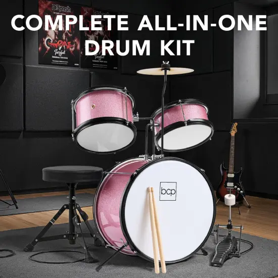 Best Choice Products Kids Beginner 3-Piece Drum, Musical Instrument Set w/ Sticks, Cushioned Stool, Drum Pedal Pink Sparkle {3}