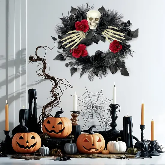Halloween Skull Wreath with Hands 16 Inch {3}