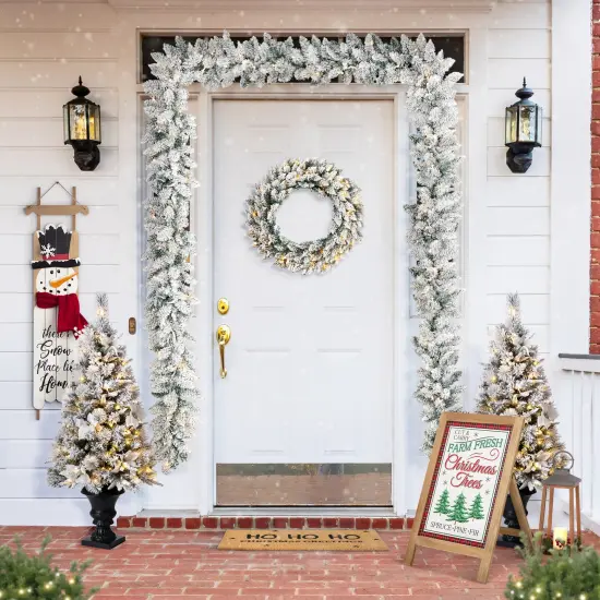 36"D Oversized Pre-Lit Snow Flocked Christmas Wreath and Matched 2pk 9ft Garland Set with Timer {2}