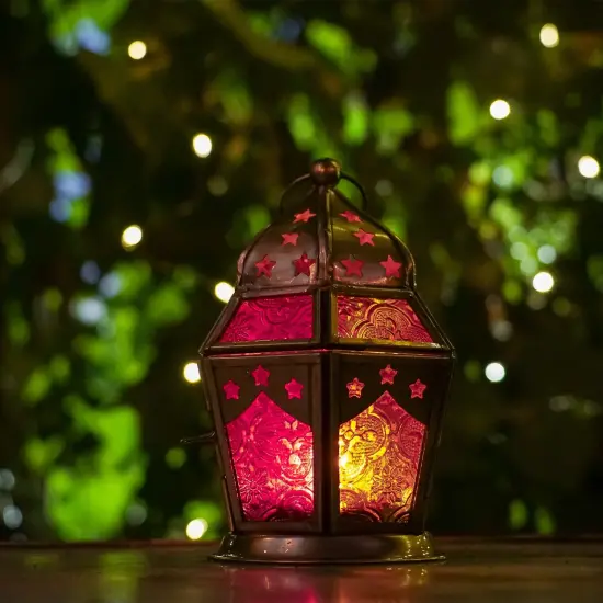 In the Breeze 9208 &mdash; Pink & Yellow Hex Tealight Lantern &mdash; Moroccan-Style Boho Chic Tealight Glass and Metal Tabletop Lantern {3}