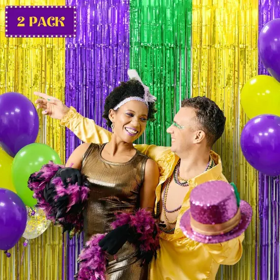 Mardi Gras Party Decorations 2 Pack 3.3 X 6.6 ft Green Gold Purple Metallic Tinsel Foil Fringe Curtains Photo Booth Props Background Decor Backdrop Streamer for Mardi Gras Carnival Birthday {2}
