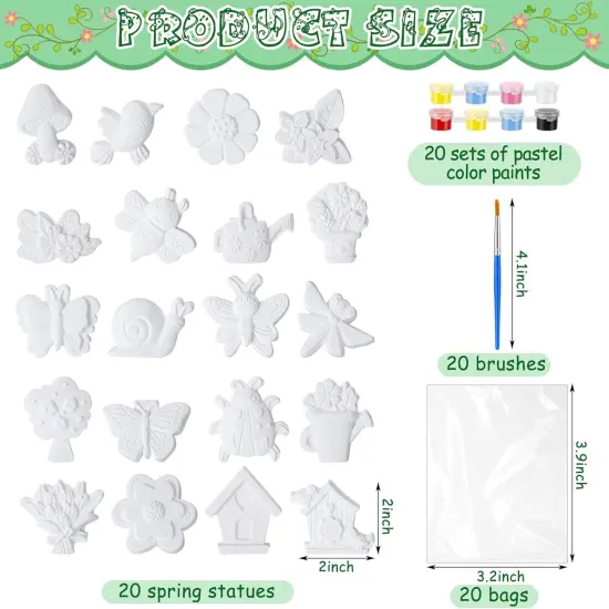 20 Set Spring DIY Painting Kit Ceramic to Paint Your Own Flowers Bee Snail Bird Butterfly Statues Unpainted Plaster Figurines Brushes Acrylic Paints Bags Party Favor for Adults {3}