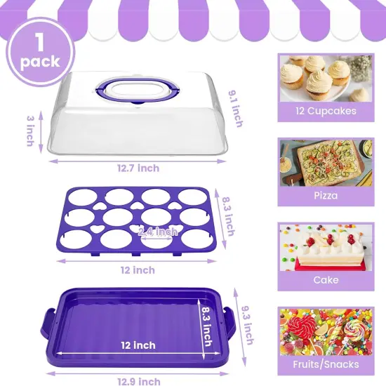 Cupcake and Cake Container with Lid, 12 Capacity Cup Cake Portable Carrier Dessert Holder with Handle for Family Picnics and Party Events, 2-in-1 Design, Purple {2}