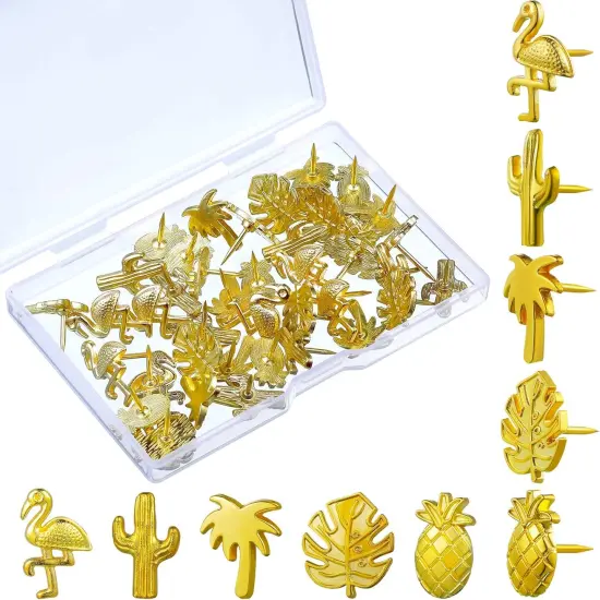 40 Pieces Gold Push Pins Cute Push Pins Tropical Office Supplies 5 Designs Decorative Thumb Tacks Cactus Palm Leaf Thumb Tacks for Photos Wall, Maps, Bulletin Board, Cork Boards {1}