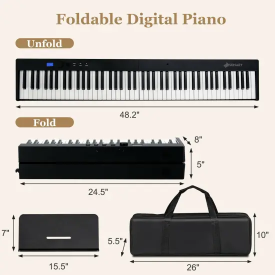 88-Key Foldable Portable Digital Piano with Rechargeable Battery and Blue-tooth MIDI Black {3}