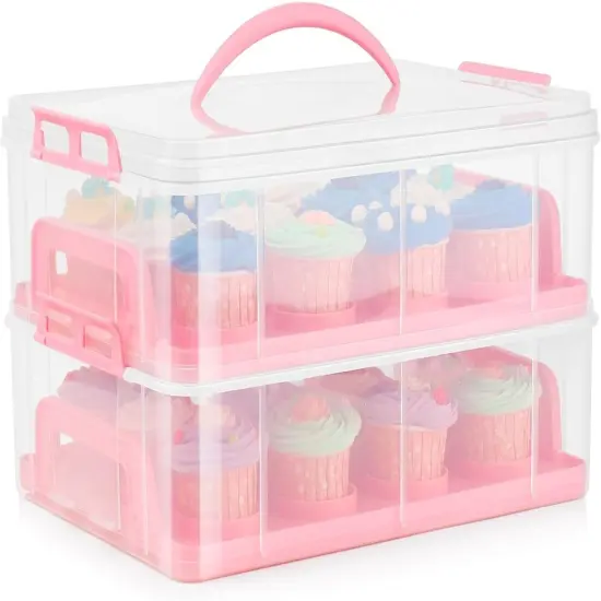Cupcake Carrier, Cupcake Holder for 24 Cupcakes, Portable and Reusable Rectangular Cake Carrier with Lid and Handle, 2 Tier Stackable Layer Insert (Pink) {1}