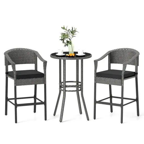 3-Piece Patio Rattan Bar Set with Round Glass Table-Top and 2 Armchairs Gray {3}
