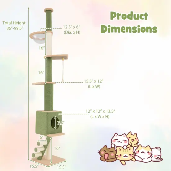 Adjustable Height Floor to Ceiling Cat Tree with 2 Full-Wrapped Sisal Scratching Posts and 3 Step Ladder {4}