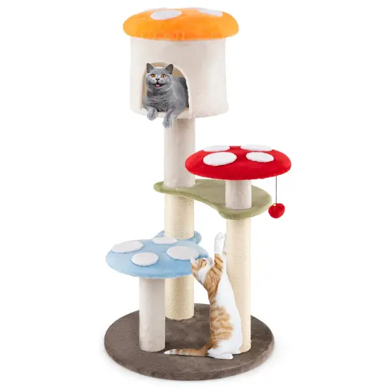 Multi-Color Plush Mushroom Cat Tree with Sisal Scratching Posts, Condo and Platforms {1}