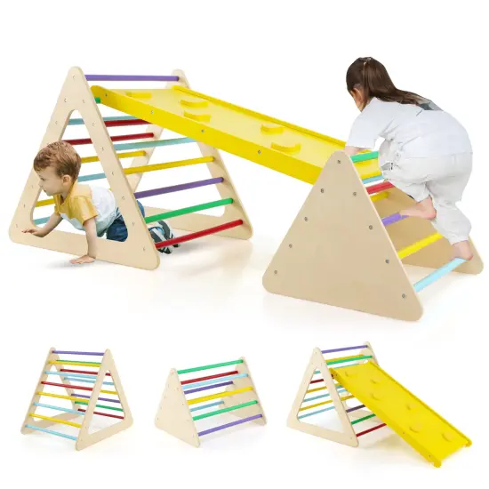 Beech and Birch Wood Kids Climbing Triangle Set Montessori with Ramp and Balance Board {1}