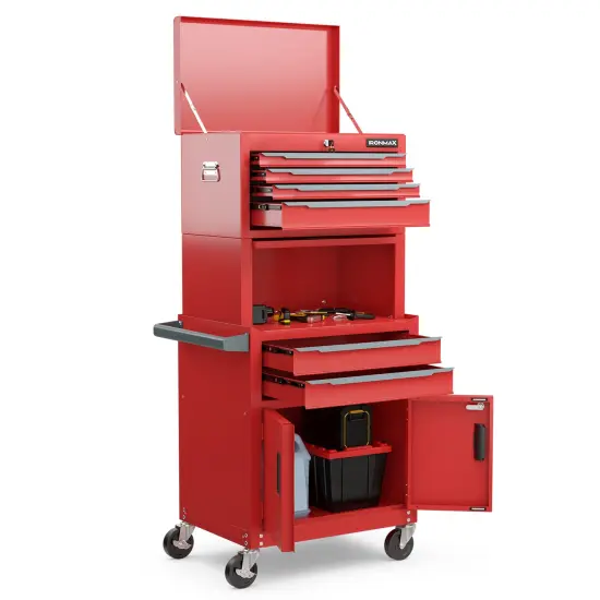 3-in-1 Rolling Tool Chest Storage Cabinet with Universal Wheels and 6 Different Size Drawers Red {4}