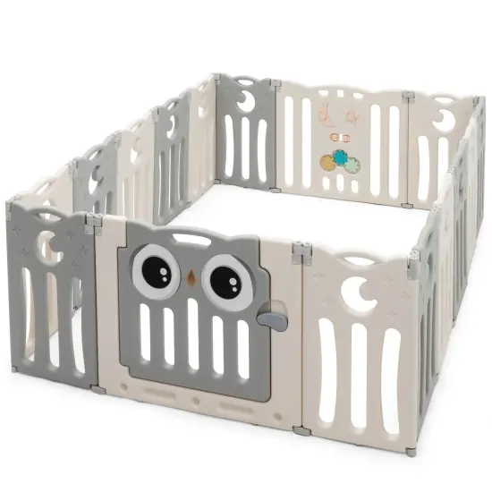 16-Panel Baby Activity Center Play Yard with Lock Door and Non-Slip Silicone Base Beige {3}