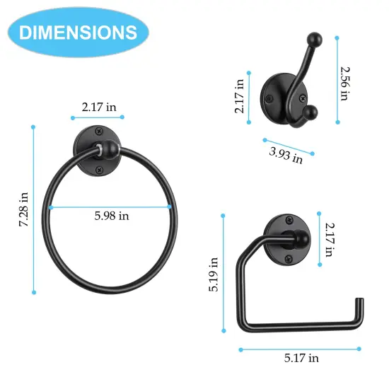 4-Piece Wall-Mounted Bathroom Accessories Set Matte Black Towel Ring, Toilet Paper Holder & 2 Double Robe Hooks Space-Saving Modern Bathroom Hardware {2}