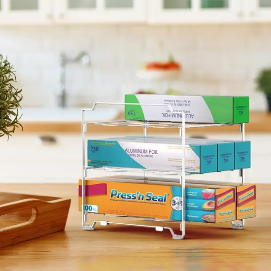 Upgraded Kitchen Wrap Organizer Rack - Non-Slip, Stackable Foil & Plastic Wrap Storage for Cabinets/Countertops - Space-Saving Design (7.7"L x 9.5"W x 9.4"H) White {4}