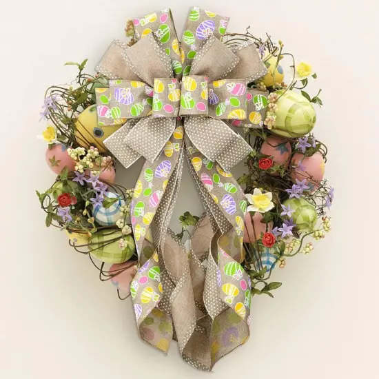 Large Easter Wreath Bows for Front Door, Flaxen Burlap Bows Easter Eggs Bow Holiday Spring Tree Topper Bows for Wreath Wall Window Easter Decorations {3}
