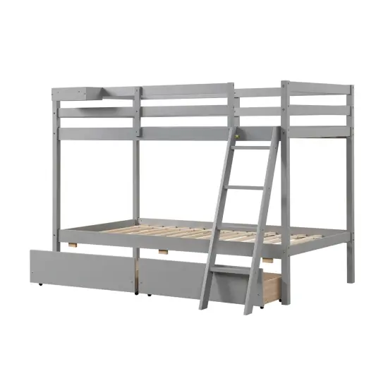 Twin Over Twin Bunk Bed with 2 Storage Drawers and Ladder Pine Wood Gray {3}