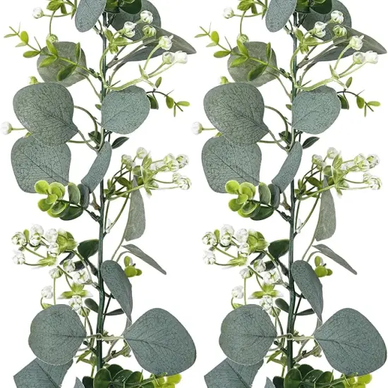 2 Pack Artificial Eucalyptus Garland with Flowers,Faux Greenery Garland Decor 5.9FT Fake Vines Hanging Spring Garlands for Bedroom Wedding Backdrop Arch Wall Centerpiece Table Outdoor Decor {2}