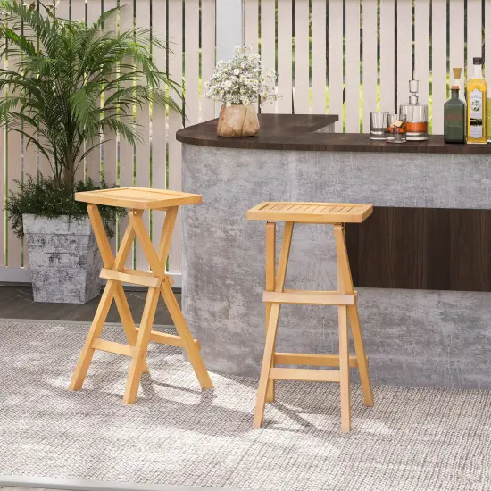 Set of 2 Natural Teak Wooden Outdoor Bar Stools with Countered Seat Perfect Fit for Any Bar {2}
