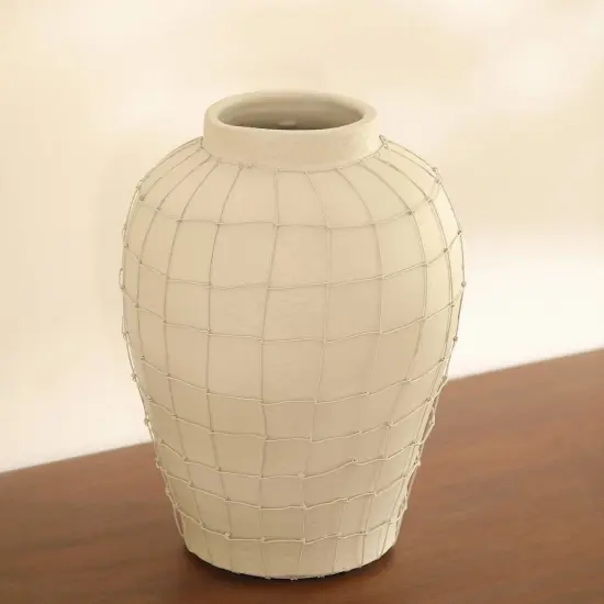 Handmade Off-White Small Terracotta Vase with Wireframe &ndash; Decorative Table Accent-9.75X9.75X12" {3}