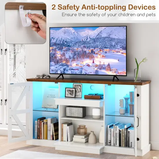 White Tempered Glass TV Stand with LED Lights, Adjustable Shelves and Console Table Storage {6}