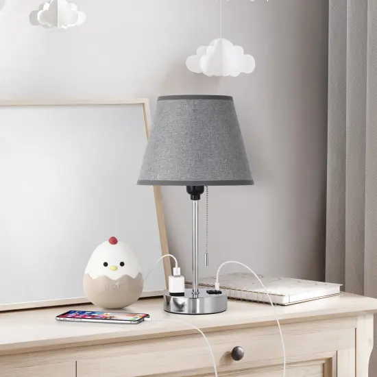 Set of 2 Grey Shade Silver Base Bedside Lamps &ndash; Modern Nightstand Table Lamps for Bedroom, Office, or Dorm {6}