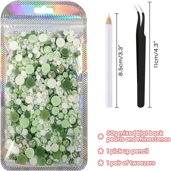 50g Mix Flatback Rhinestones Half Pearls for Crafts Mixed Size 3mm-10mm Flat Back Rhinestones for Crafts Flatback Pearls for DIY Tumblers Mugs Nail Art Shoes Clothes (Fresh Green Series) {2}