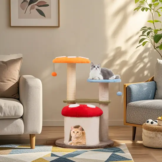 Multi-Color Engineered Board Tall Cat Tree with Plush Fabric, 6 Layers and Interactive Balls {2}