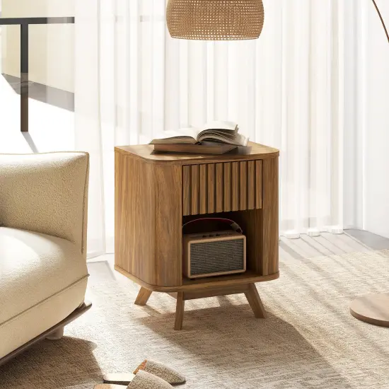 Walnut MDF Nightstand with Drawer and Open Shelf for Bedroom {3}