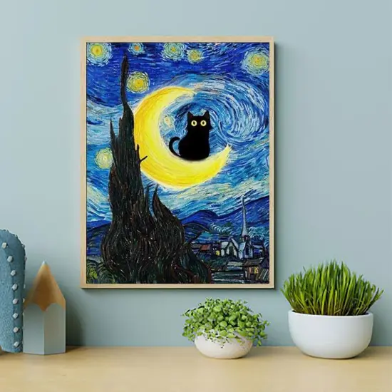 Adults Beginners Paint by Number Kits ? Press Digital Easy Acrylic Black cat 4 Pieces Paint, DIY Watercolor Paint Press Digital kit on Canvas Home Wall Decoration Without Frame 12&times;16inch {3}