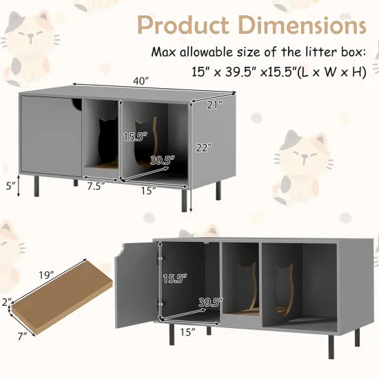 Engineered Wood Cat Litter Box Cabinet with Scratcher and Storage Gray {5}