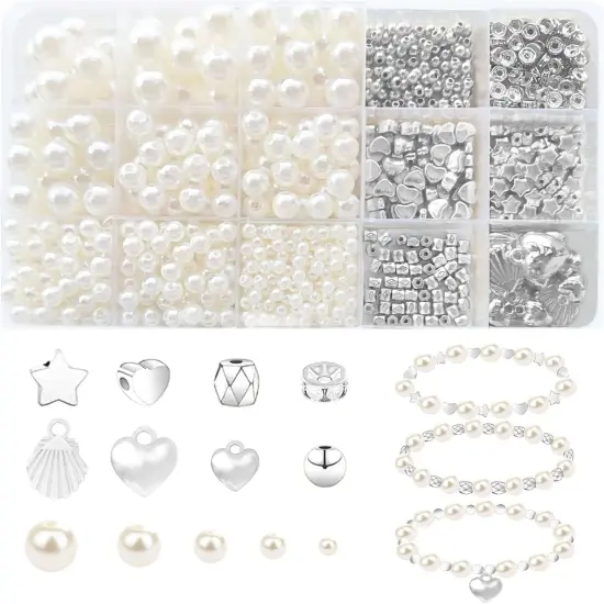 1000Pcs Pearl Beads for Bracelets Making, Pearl Beads for Jewelry Making for Adults, Silver Bracelet Beads DIY Kit, Silver Spacer Beads for Bracelets, Women Friendship Bracelet Making Kit (Silvery) {1}