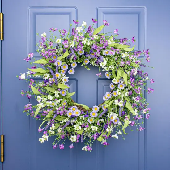 22 Inches Spring Door Wreath Farmhouse Spring Floral Wreaths for Front Door Blue Purple Flower Wreath with Daisy Lavender for Window Front Porch Indoor Outside Decoration {5}