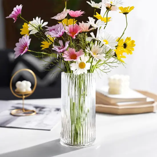 9.8" Flower Vase for Decor Ribbed Glass Vase Modern for Centerpieces Desktop Home Office Dining Living Room Wedding (Clear) {3}