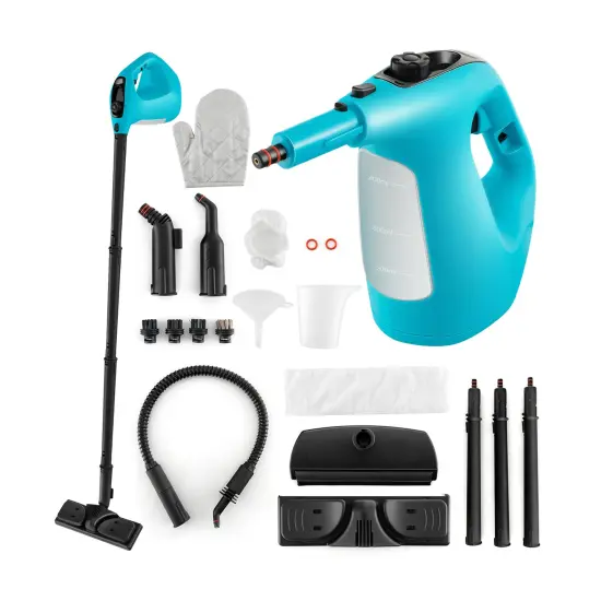 14-Piece Handheld Steam Cleaner with Long Power Cord and 1400W High Output Blue {1}