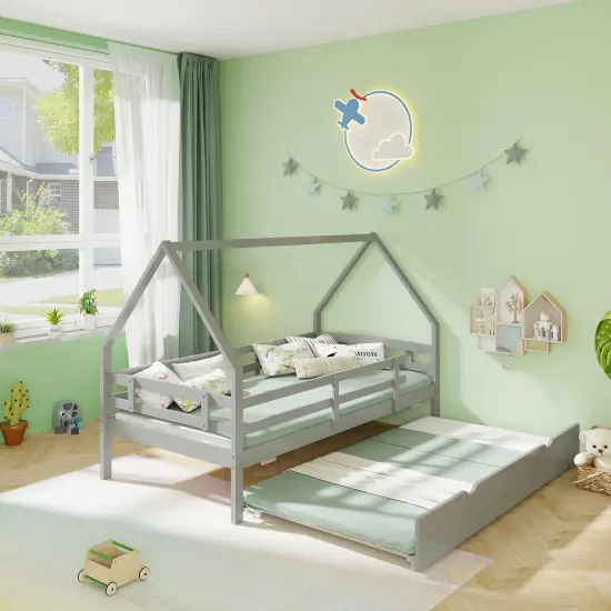 Twin House Bed with Trundle and Fence Rail for Kids Room Gray {5}