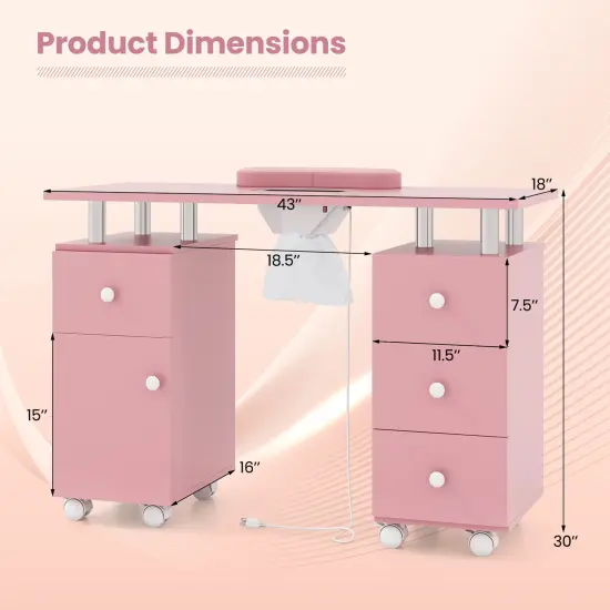 Manicure Table with Dust Collector, Storage and Wrist Rest Cushion Pink {5}
