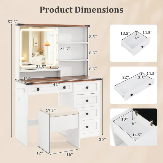 White and Dark Brown Makeup Vanity Table with 3-Color LED Mirror Storage Drawers and Stool {4}
