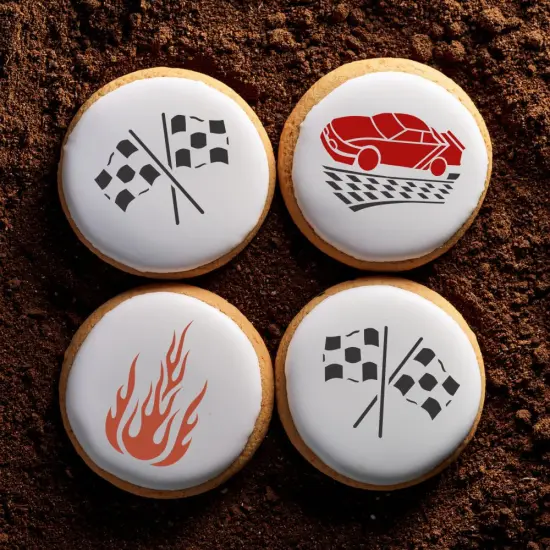 Mini Racecar Cookie & Cupcake Stencil Set: Flame, Race Car, Checker Flag | C800 by Designer Stencils | {3}