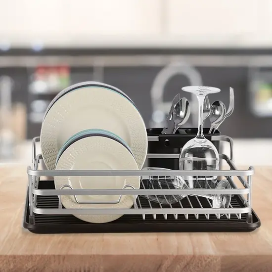 Smart Space-Saving Steel Dish Drying Rack with Removable Cutlery Holder & Drainer Tray &ndash; Anti-Slip Base &ndash; Compact for Apartments (16.92&rdquo;L x 12.4&rdquo;W) Silver {6}