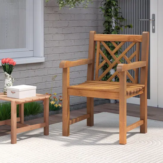 Teak Wood Patio Dining Chair with Cross Slatted Backrest and smooth Armrests {3}