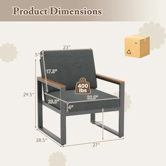 Set of 2 Patio Aluminum Frame Armchairs with Wood-Plastic Armrest and Comfortable Cushion Seat {4}