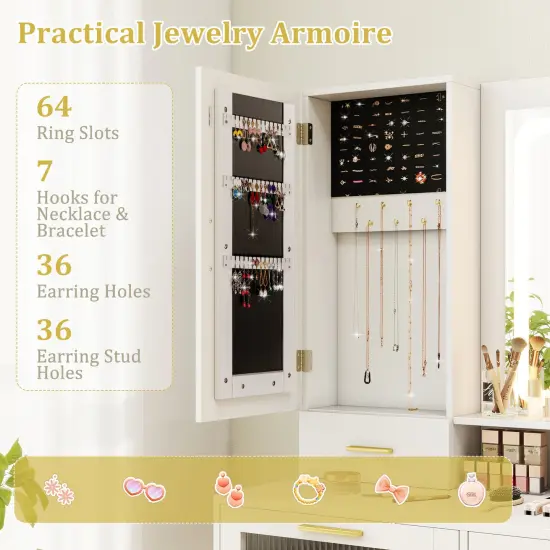 White & Gold Vanity Set with LED Mirror, Charging & Jewelry Cabinet {6}