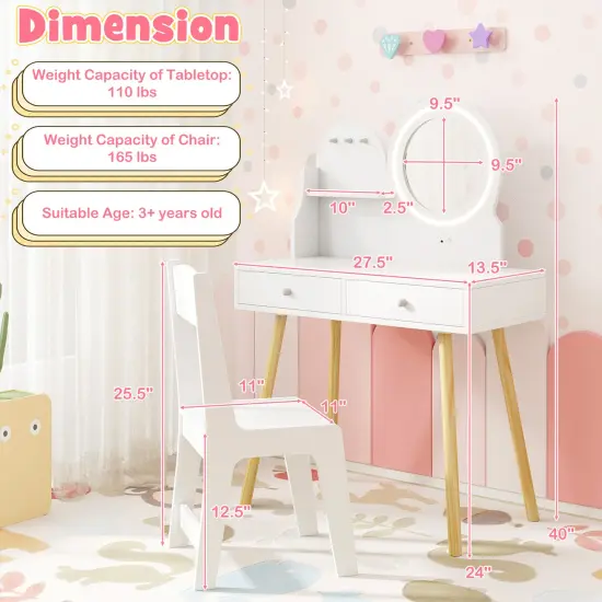 MDF and Pine Wood Kids Princess Dressing Desk with LED Mirror, Storage and Chair White {5}