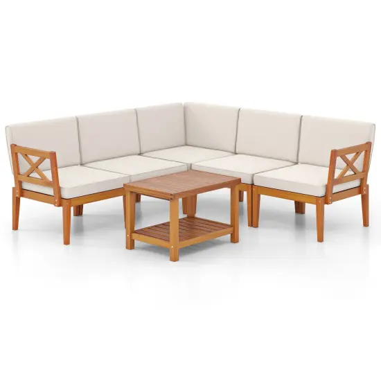 6 Pieces Wooden Patio Conversation Furniture Set with 2-Tier Rectangular Coffee Table {4}