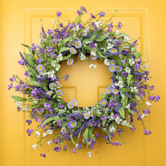 22 Inches Spring Door Wreath Farmhouse Spring Floral Wreaths for Front Door Blue Purple Flower Wreath with Daisy Lavender for Window Front Porch Indoor Outside Decoration {3}