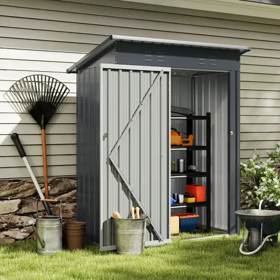 Grey Galvanized Metal Outdoor Storage Shed with Lockable Door, Vents, and Roof {3}