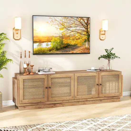 Oak Farmhouse TV Stand with Adjustable Shelves, Storage, PE Rattan and Cable Management {3}
