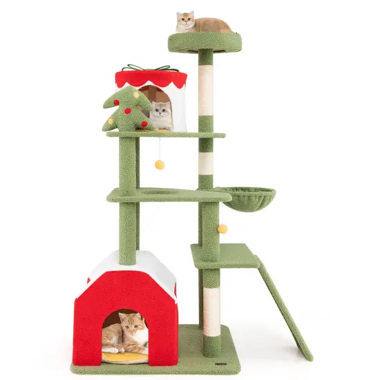 Christmas Themed Cat Tree with Sisal Scratching Posts, Condos and Perch {1}