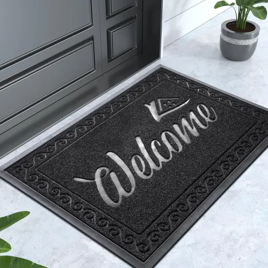 Welcome Mat, Heavy Duty Durable Door Mats for Home Entrance Outdoor Indoor, Front Doormat for Outside Patio Floor Entry Porch Garage Office, Waterproof, Low Profile, 29.5 x 17, Black {1}